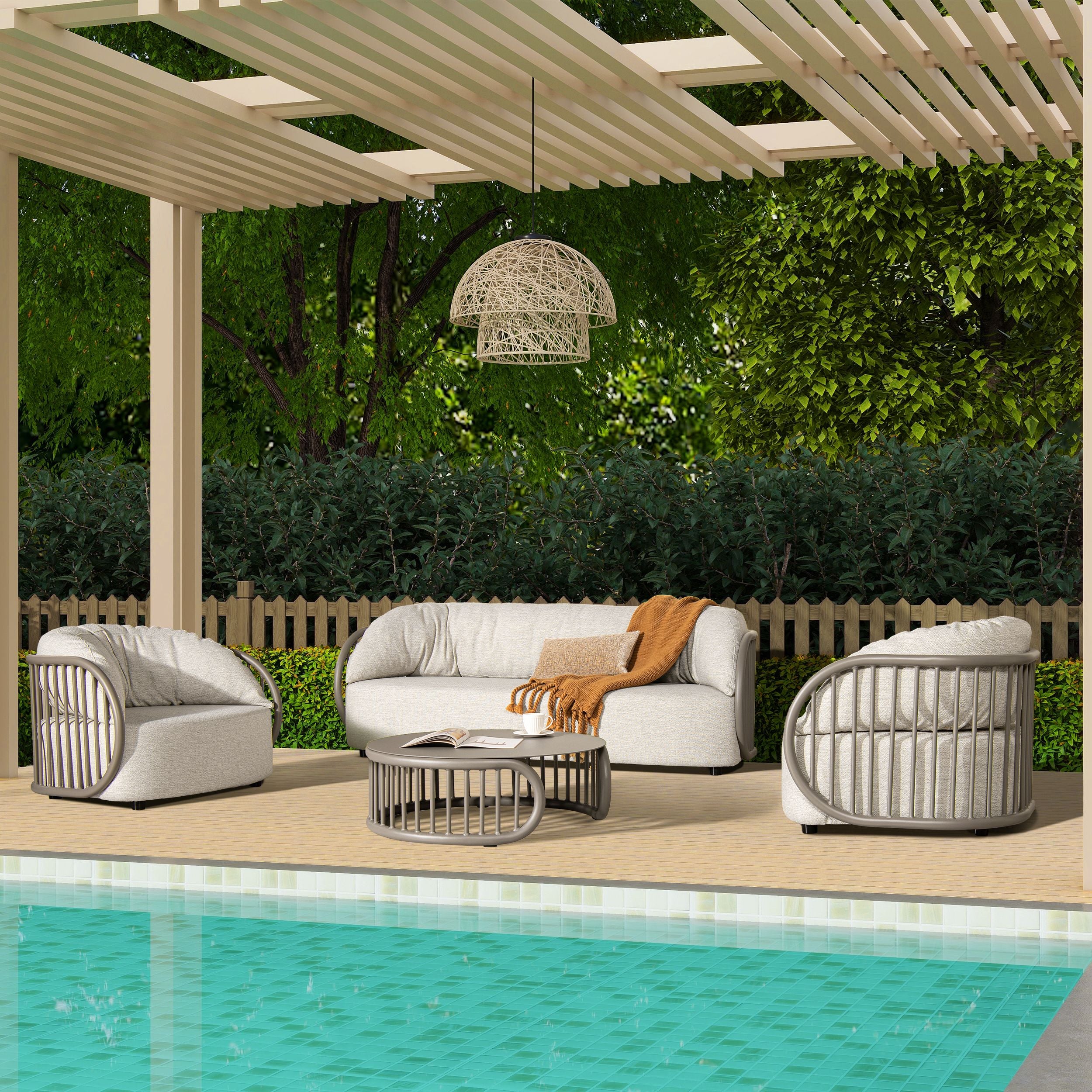 Harper 83 Barrel Upholstered Patio Deep Seating Sofa, Oat Beige Axroma Olefin