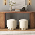 Hampton 18 Round Upholstered Ottoman with Scalloped Base, Speckled Egg Beige Chenille