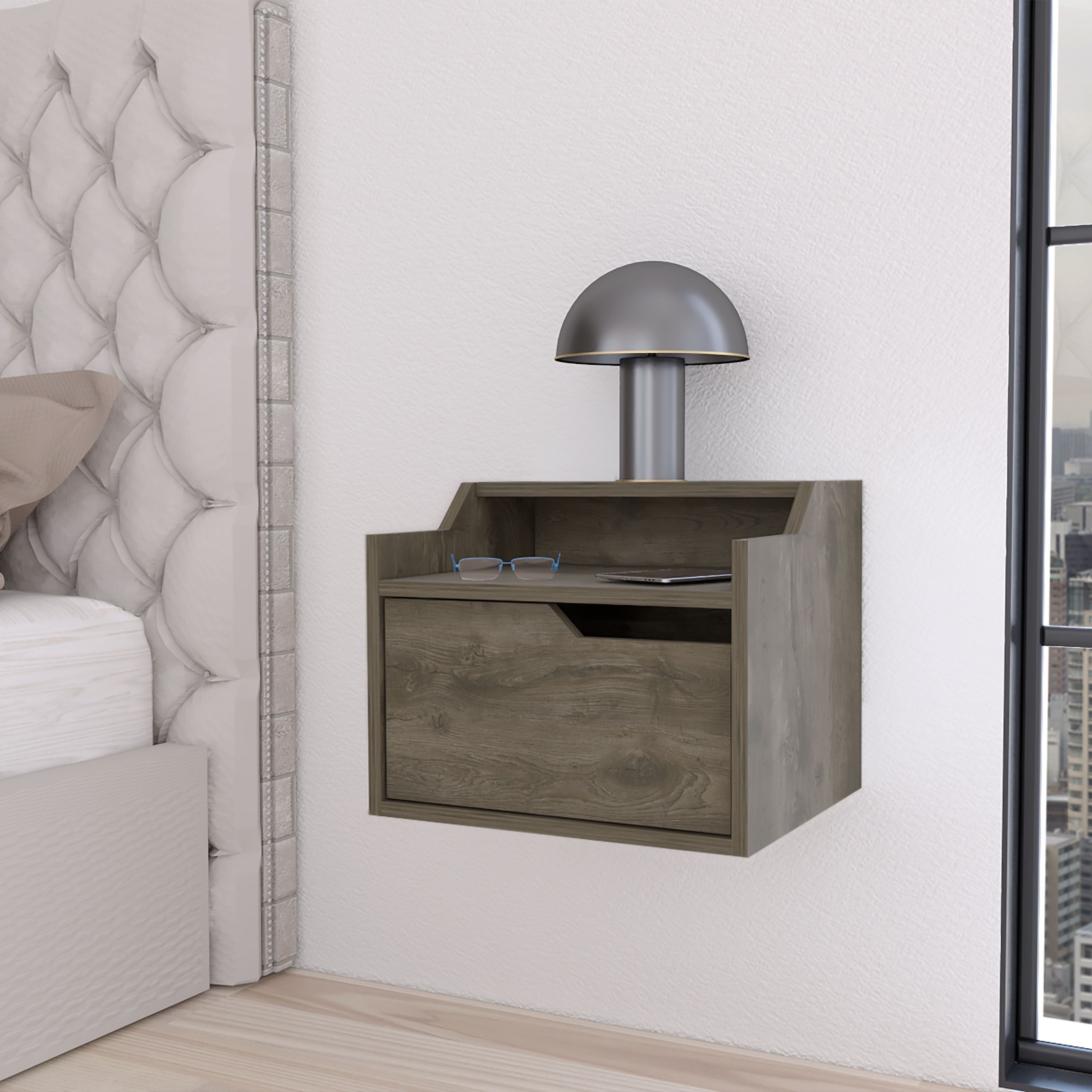 Florence Floating Nightstand with Drawer and Dual-Shelf Display