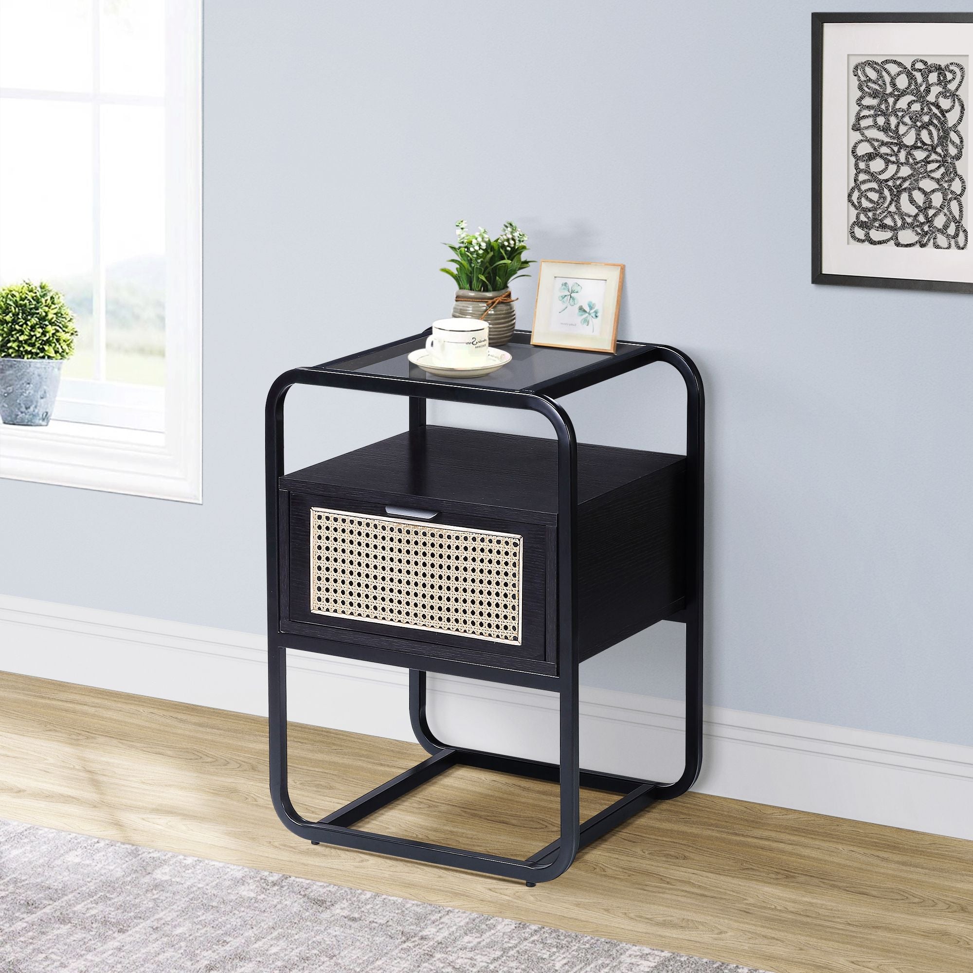 Black Accent Table with Glass Top