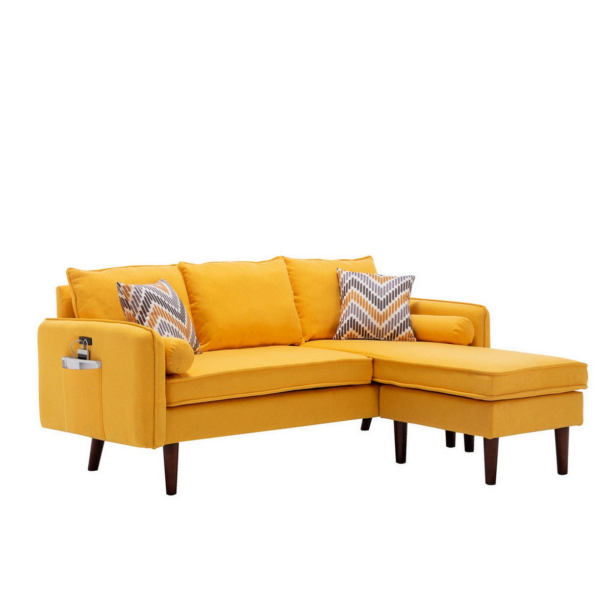Ranon 70 Inch Sectional Chaise Sofa, Pillows, USB Ports, Pockets, Yellow
