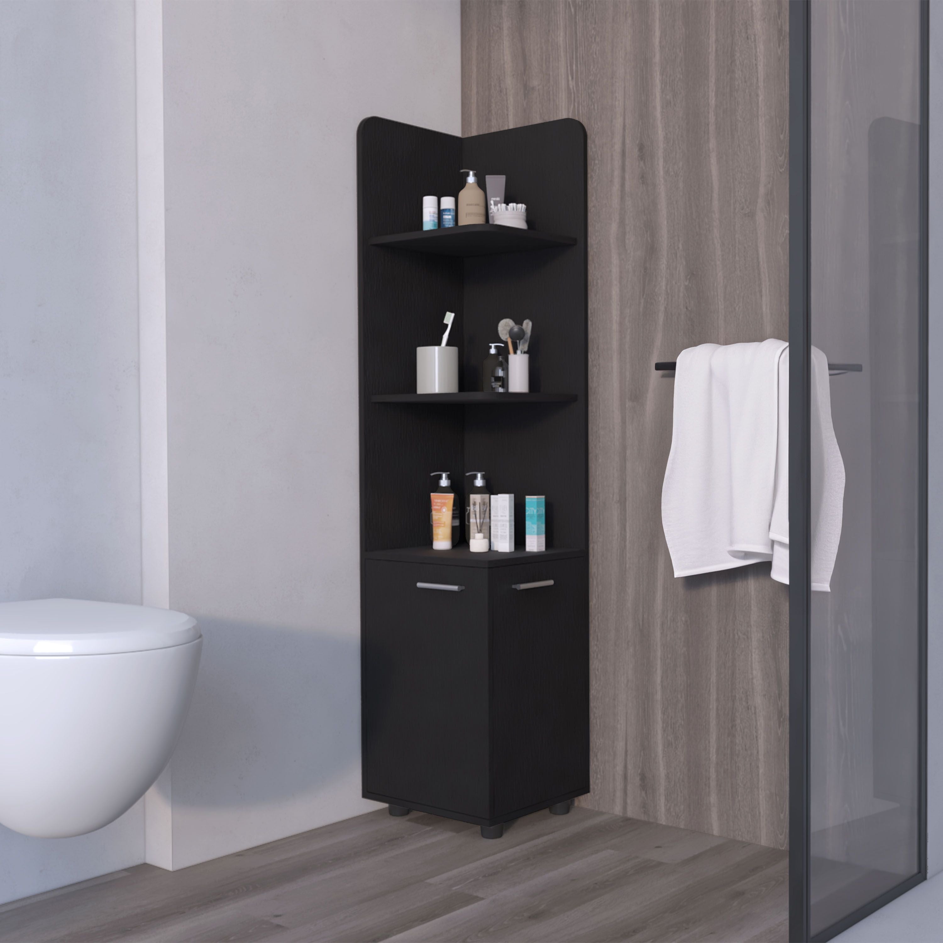 Sunriver Corner Shelf with Cabinet, 3-Tier Shelf, Metal Handles