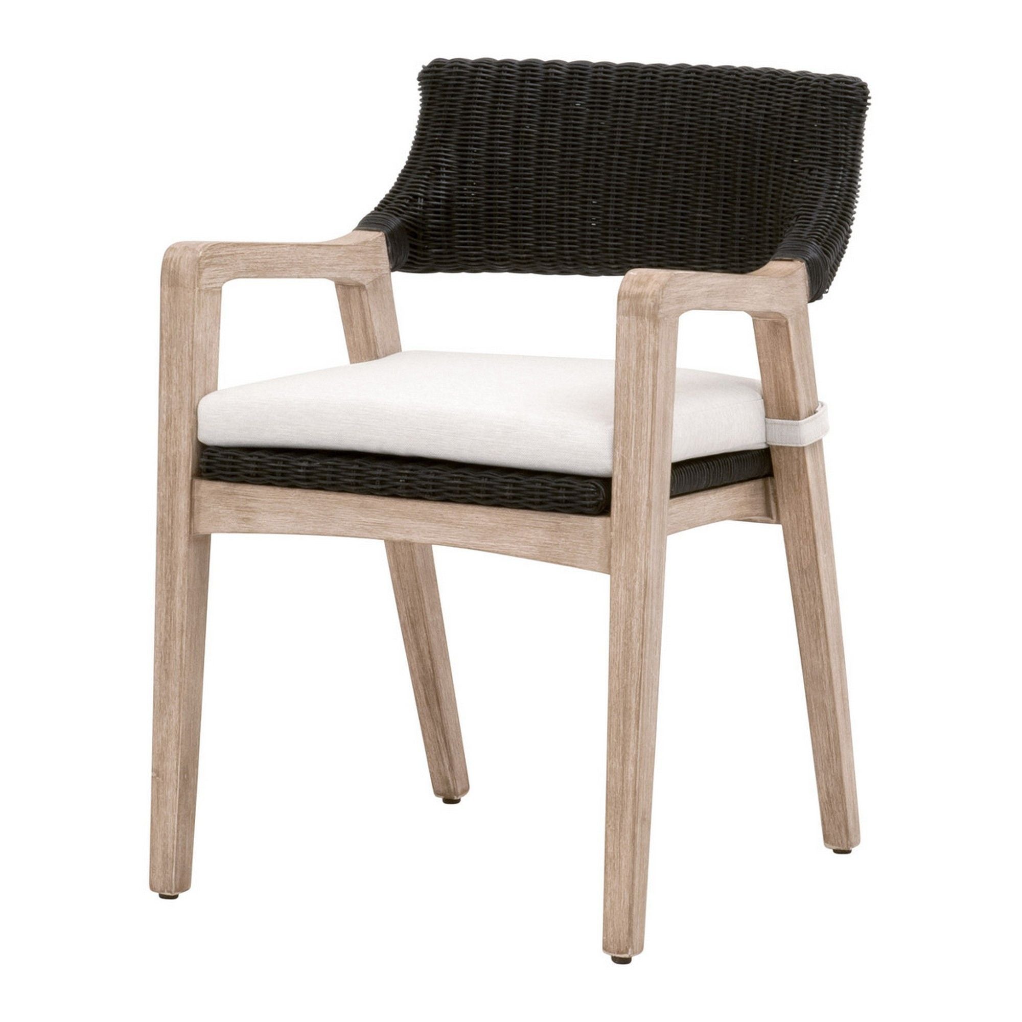 Uto 22 Inch Dining Outdoor Armchair, Black Rattan, White Olefin Upholstery