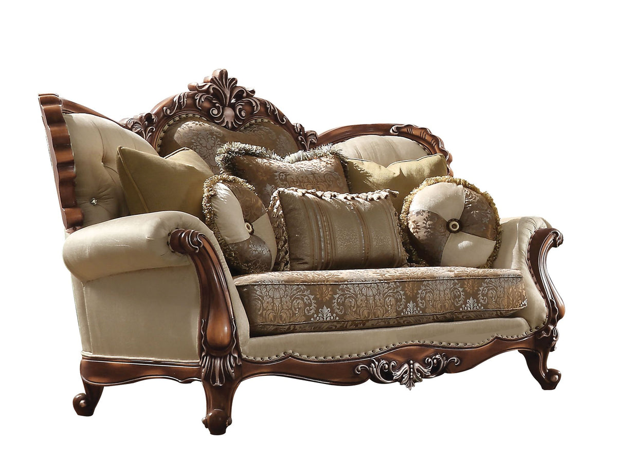 Acme Latisha Loveseat W/5 Pillows In Tan, Pattern Fabric & Antique Oak 52116