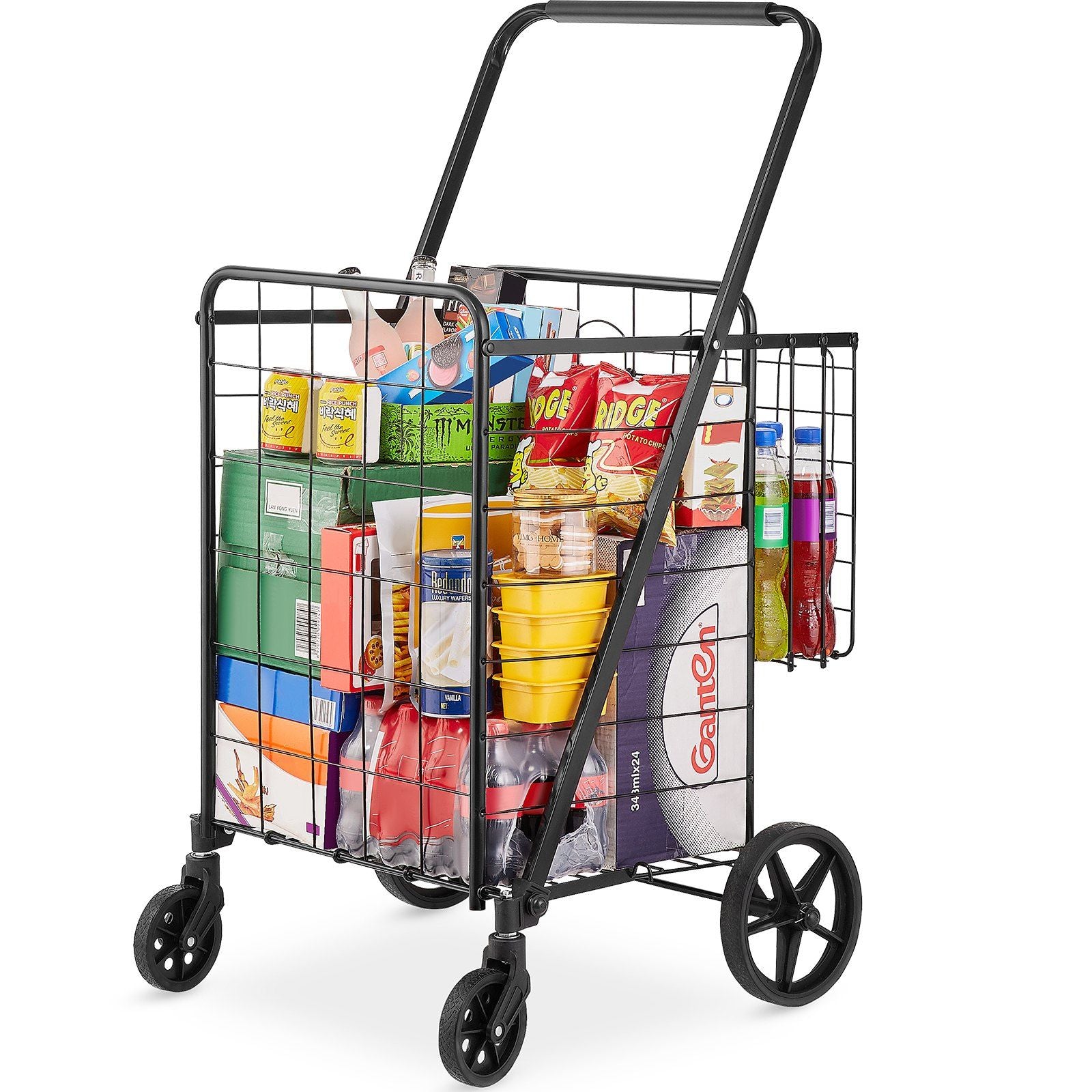 VEVOR Folding Shopping Cart, Jumbo Grocery Cart with Double Baskets, 360 Swivel Wheels, Heavy Duty Utility Cart, 110 LBS Large C