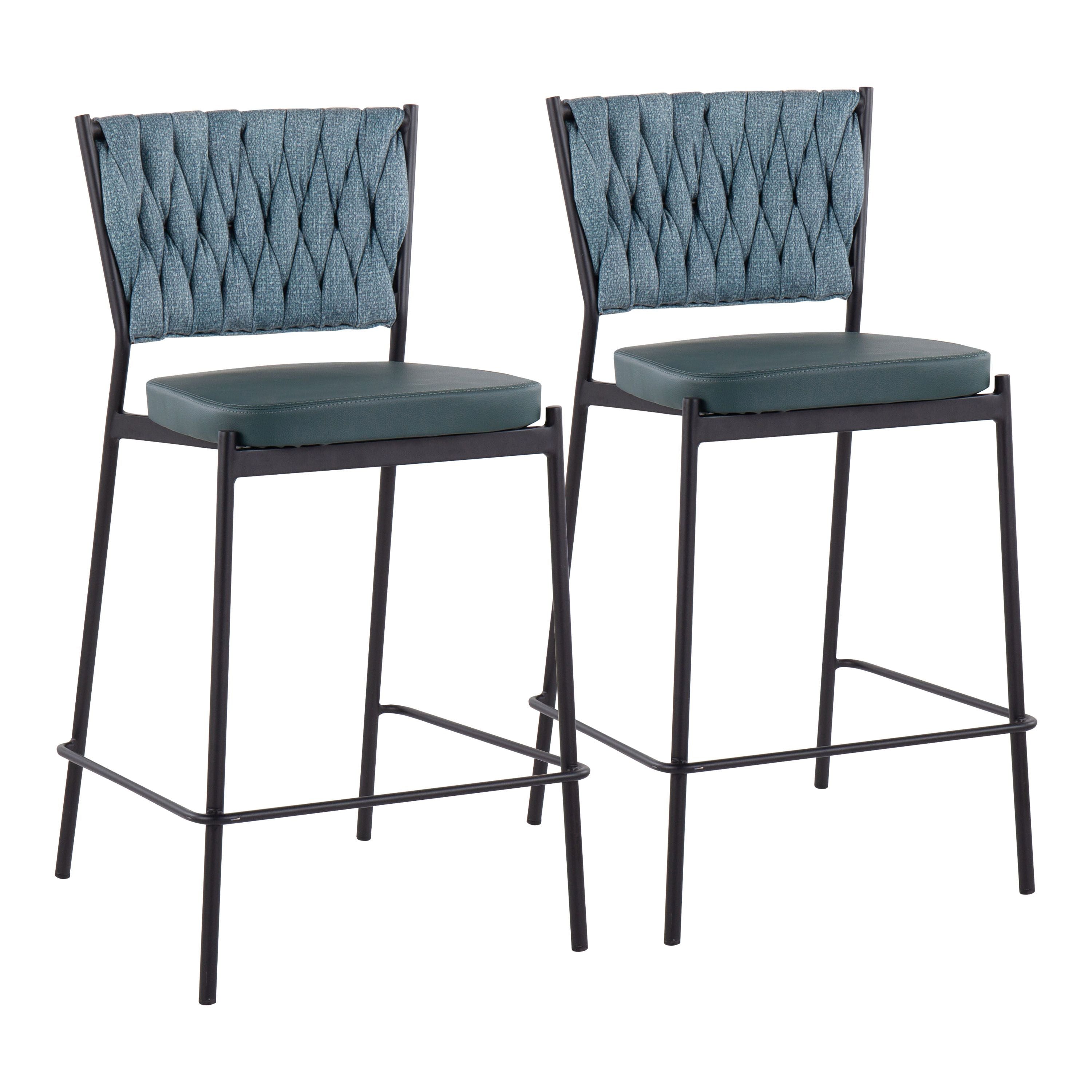 Braided Tania Contemporary Counter Stool in Black Metal, Green Faux Leather, and Sea Green Fabric by LumiSource - Set of 2