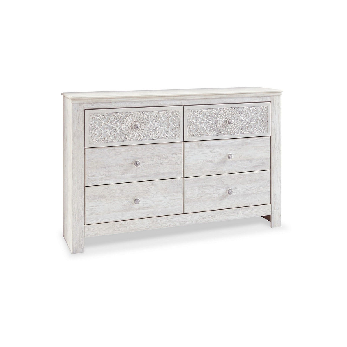 61 Inch Modern Wide Dresser, Whitewashed Wood, 6 Drawers, Medallion Details