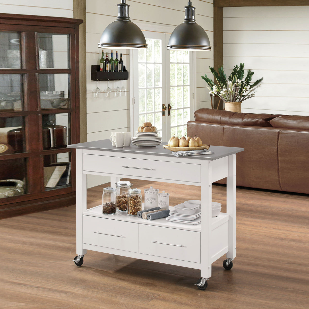 Stainless Steel and White 1-Shelf Kitchen Cart with Locking Casters