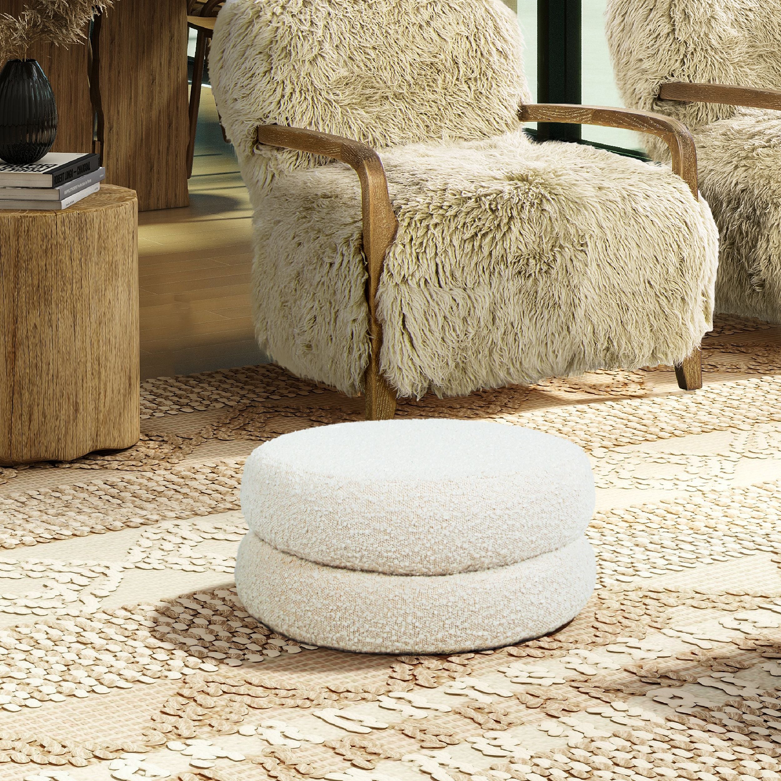 Homary 18.5 Floor Cushion Footrest Ottoman, Ivory White Boucle