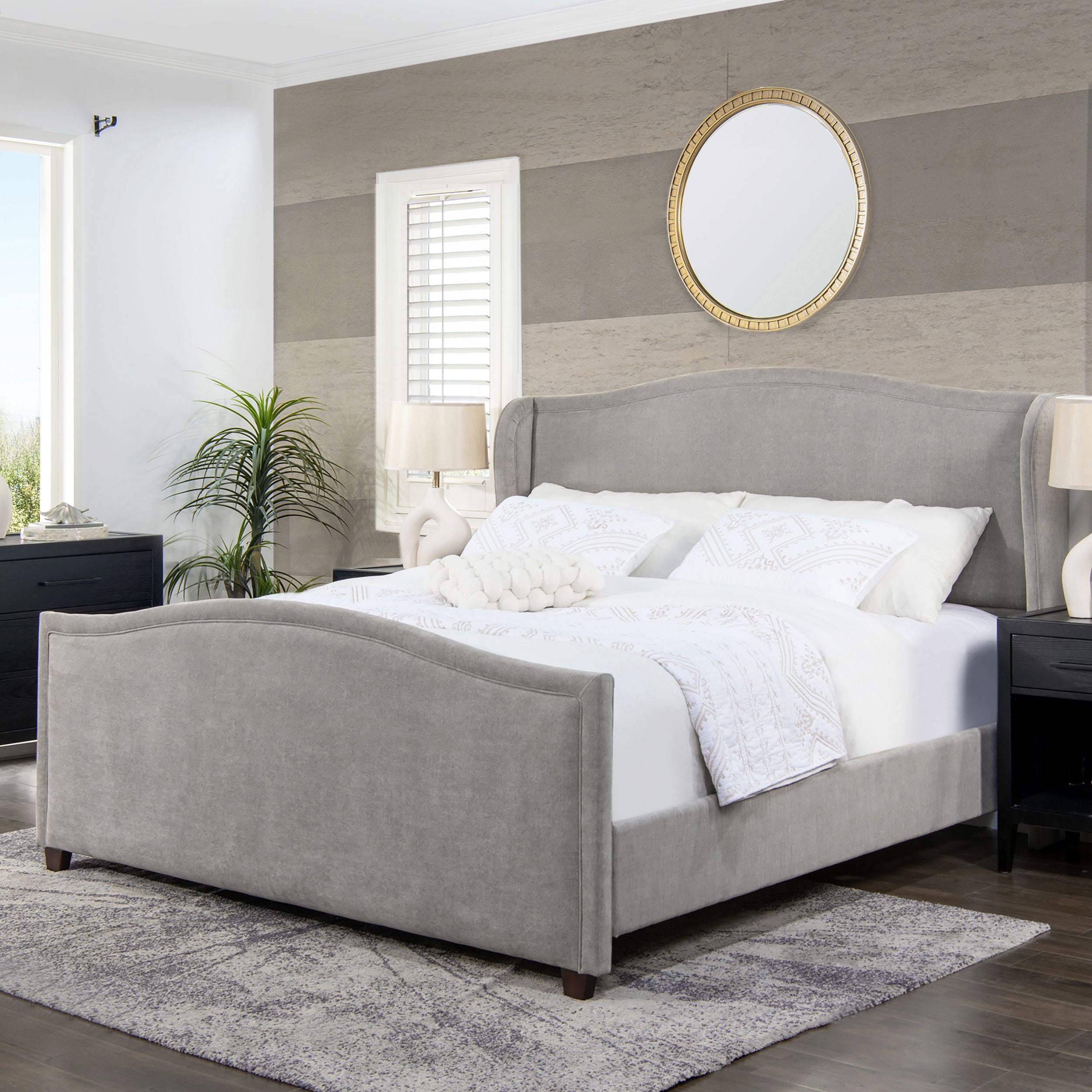 Carmen King Upholstered Wingback Panel Bed Frame, Silver Grey Polyester