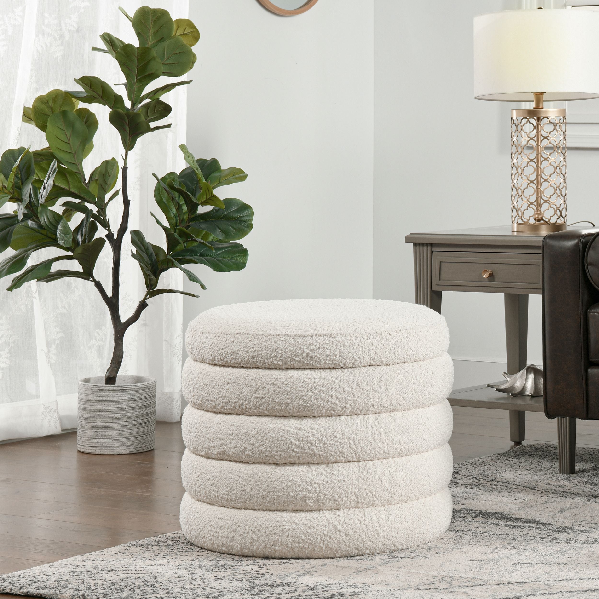 Fuji 19 Oversized Round Storage Ottoman, Ivory White Boucle