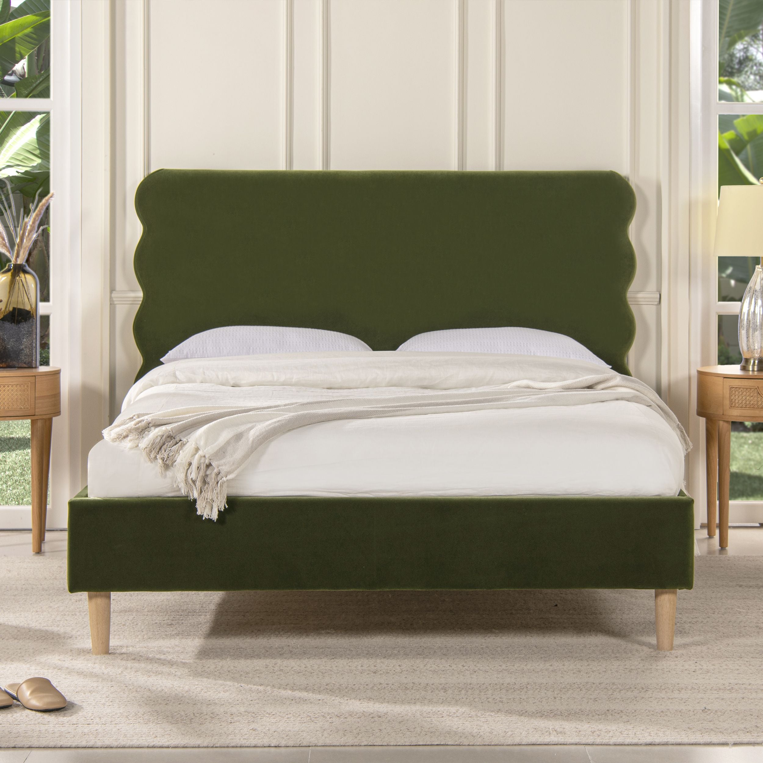 Stockholm Modern Wavy Headboard Platform Bed, Queen, Olive Green Performance Velvet