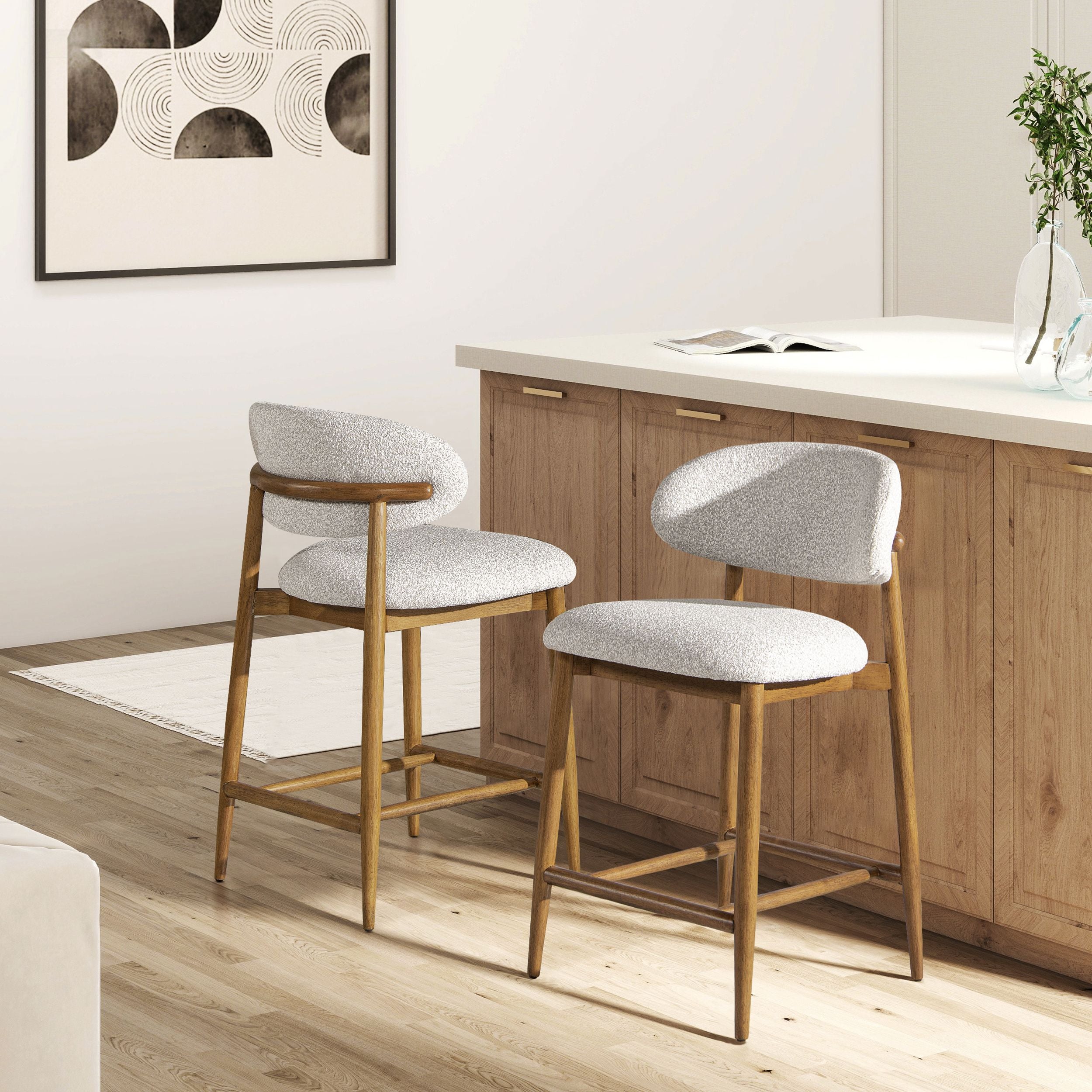 Locke 26.5 Modern Upholstered Counter Stool with Wood Frame, Salt & Pepper Boucle