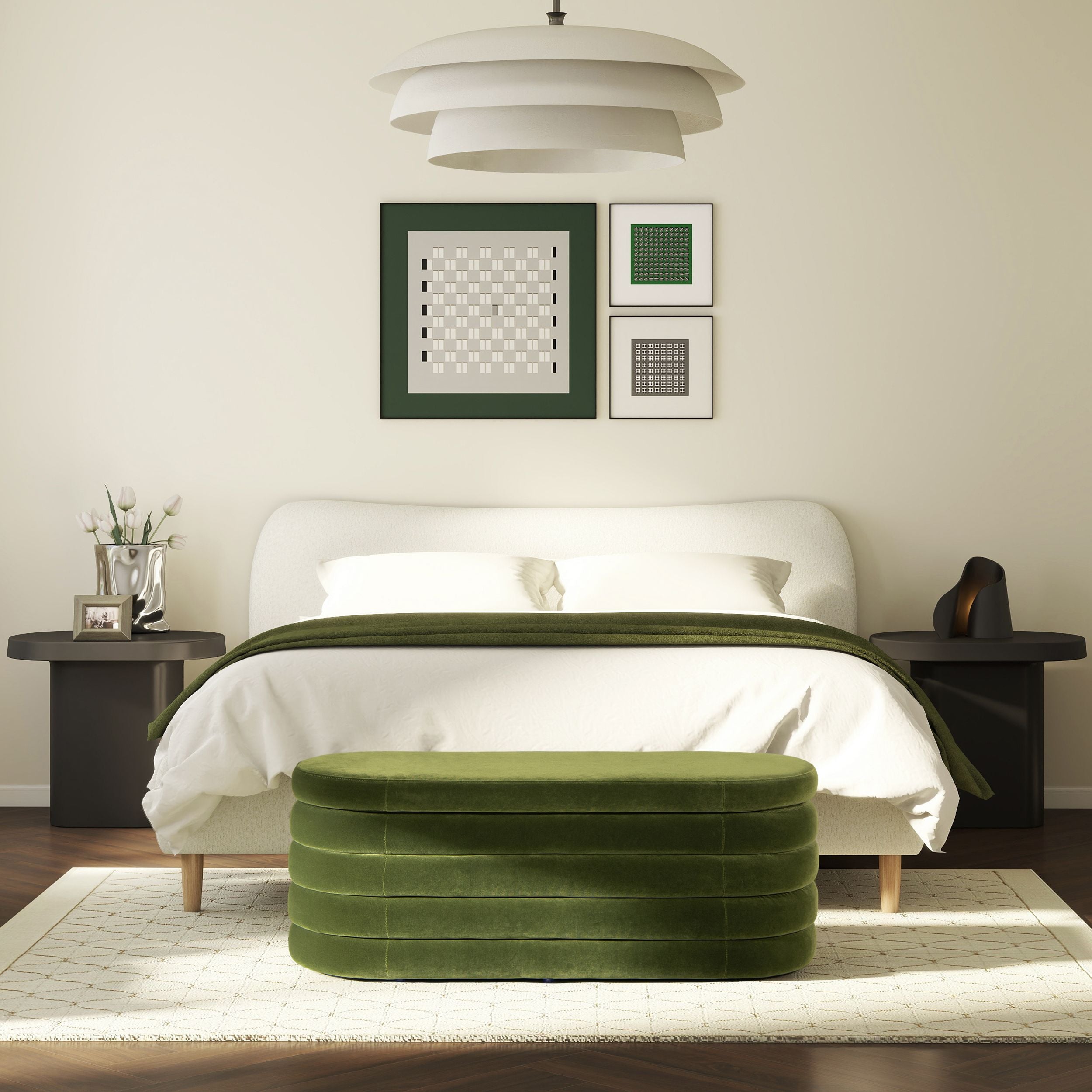 Fuji 49 Upholstered Oval Storage Bench, Olive Green Performance Velvet