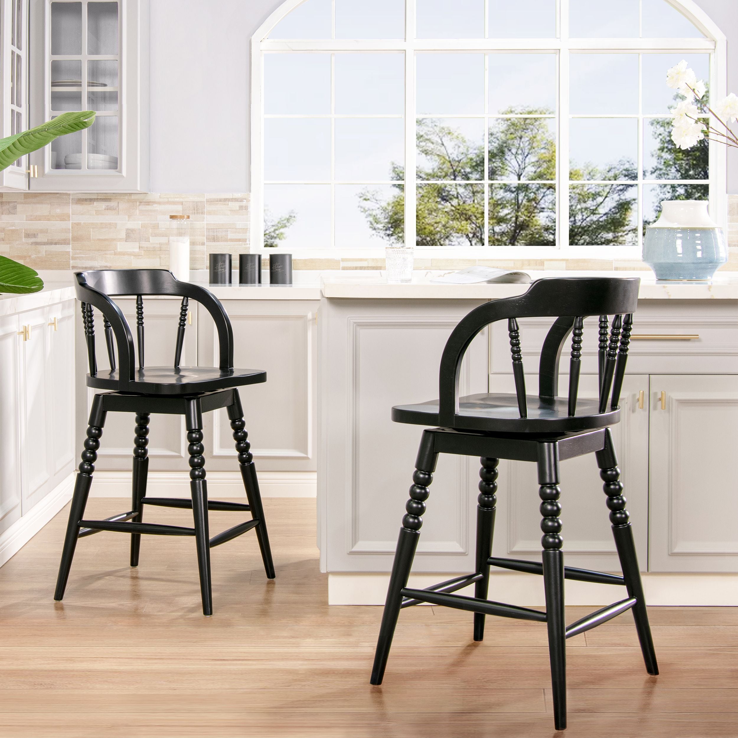 Breda 25.5 Turned Bubble Spindle Low-Back Wood Counter Stool, Black