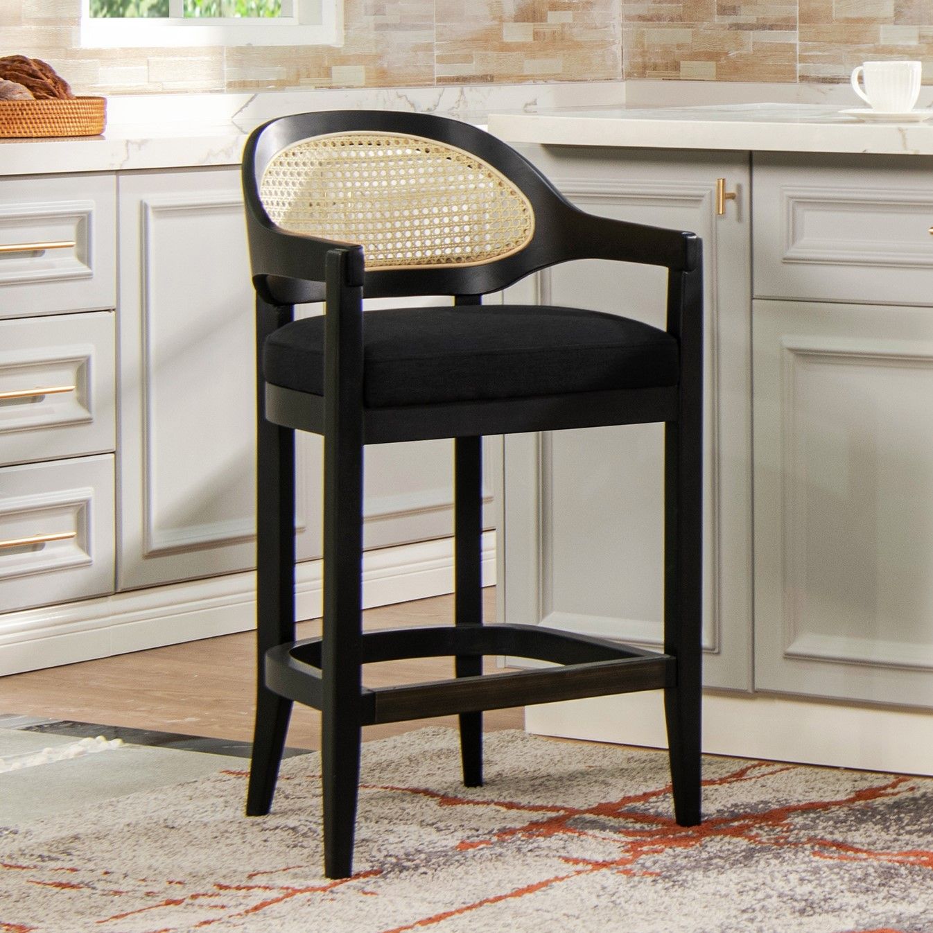 Americana Mid-Century Modern 26 Cane Back Counter Stool, Jet Black Woven