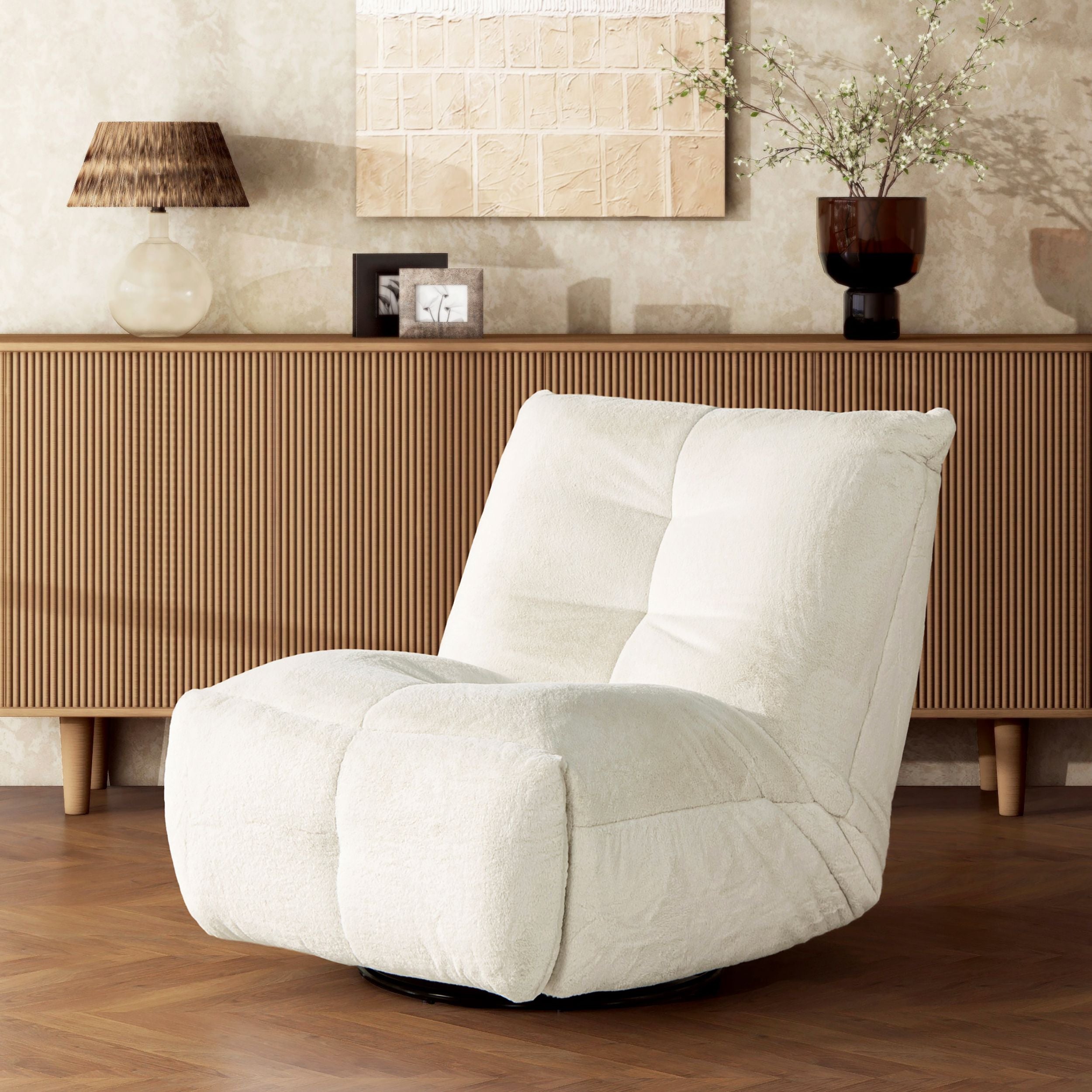 Rearden 35.5 Swivel Glider Manual Recliner Gaming Lounge Chair, Pearl White Short Faux Fur
