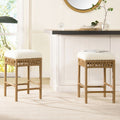 Lucia 25.5 Backless Upholstered Counter Stool with Resin Rattan Frame, Ivory White Boucle