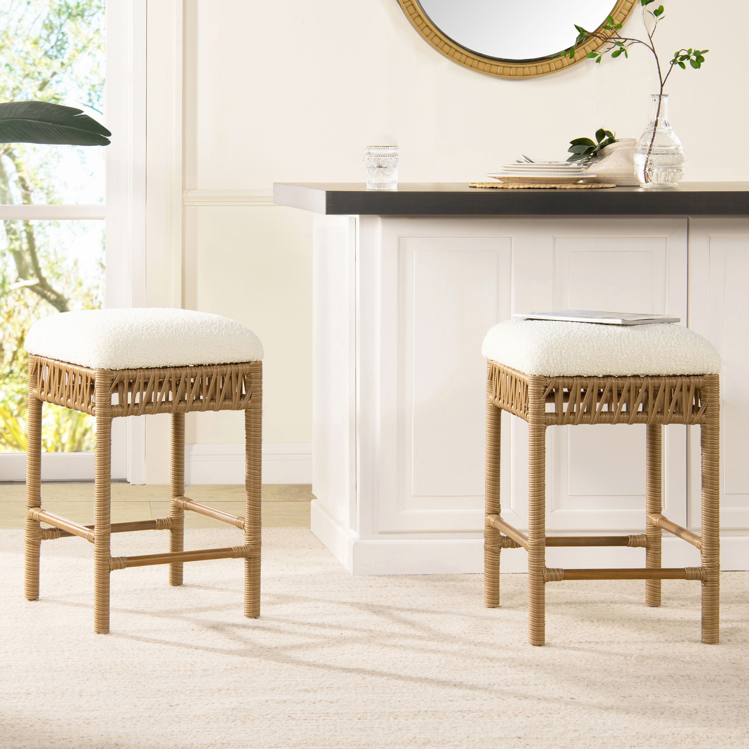 Lucia 25.5 Backless Upholstered Counter Stool with Resin Rattan Frame, Ivory White Boucle
