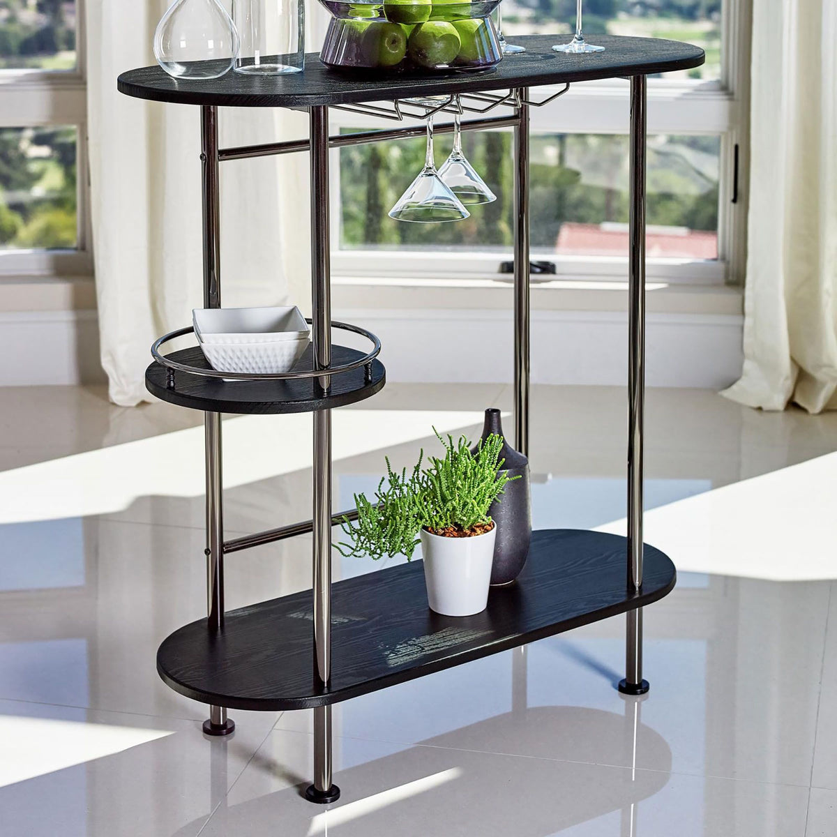 Black Nickel and Black Oak Bar Unit with Stemware Rack