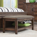 Brown and Burnished Oak Upholstered Bench with Lower Shelf