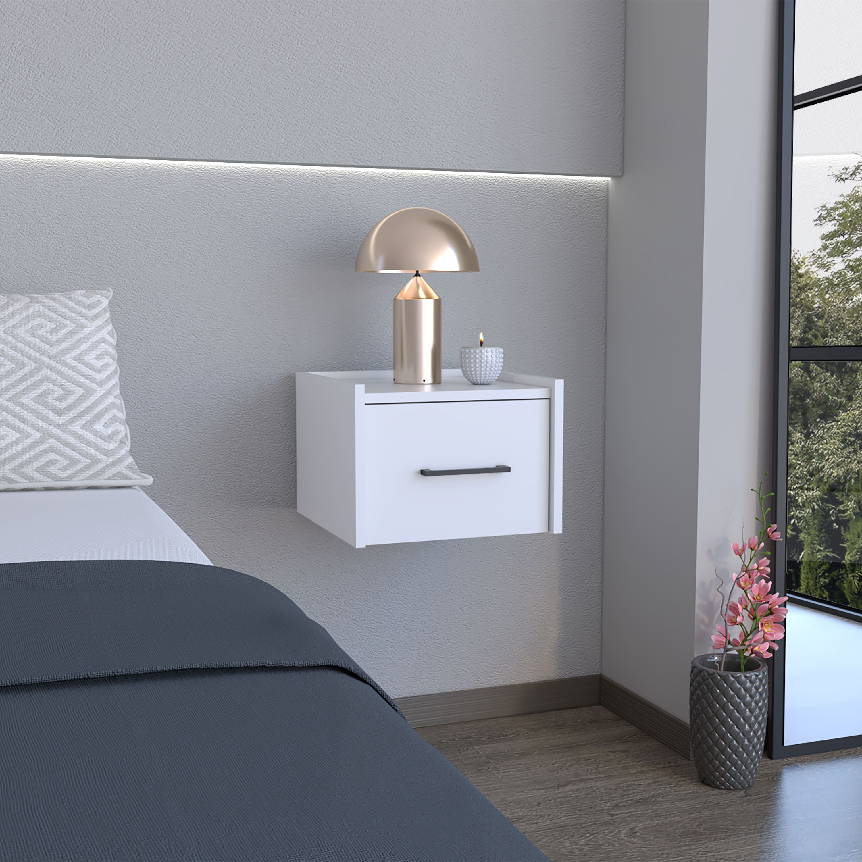 Depot E-Shop Yorktown Floating Nightstand, Space-Saving Design With Handy Drawer And Surface, White