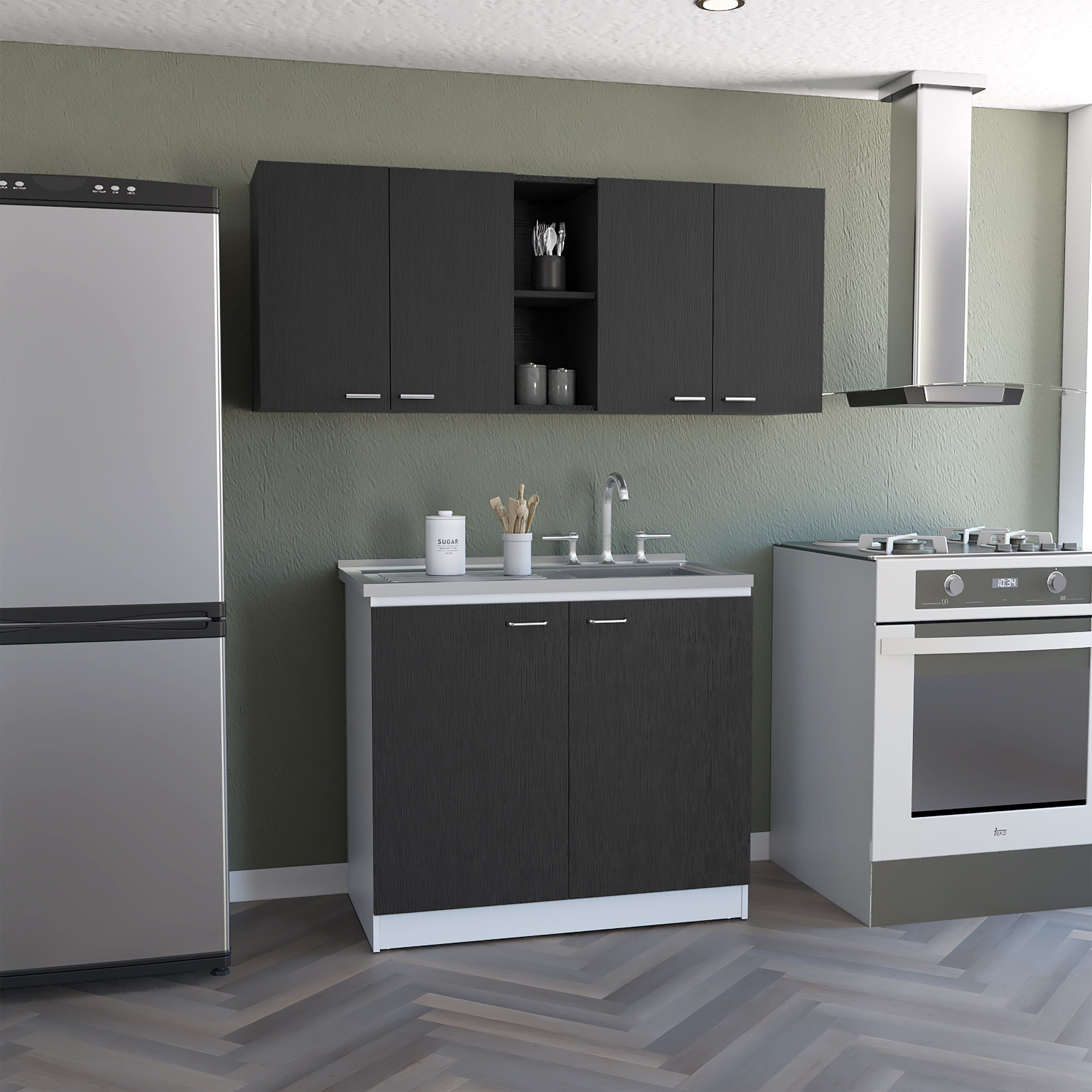 Depot E-Shop Luther 2 Piece Kitchen Set, Wall Cabinet + Utility Sink Cabinet, Black/White