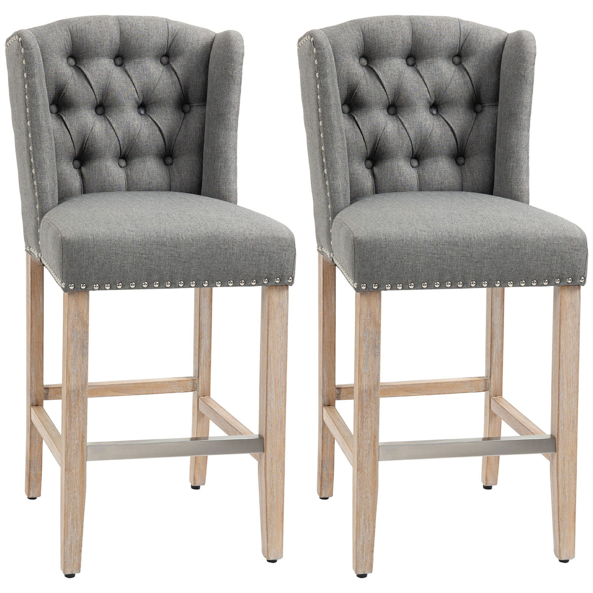 HOMCOM Counter Height Bar Stools Set of 2 with Wood Legs, Light Grey