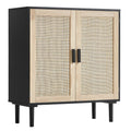 Rattan Cabinet Storage with 2 Magnetic Doors and Adjustable Shelves Black