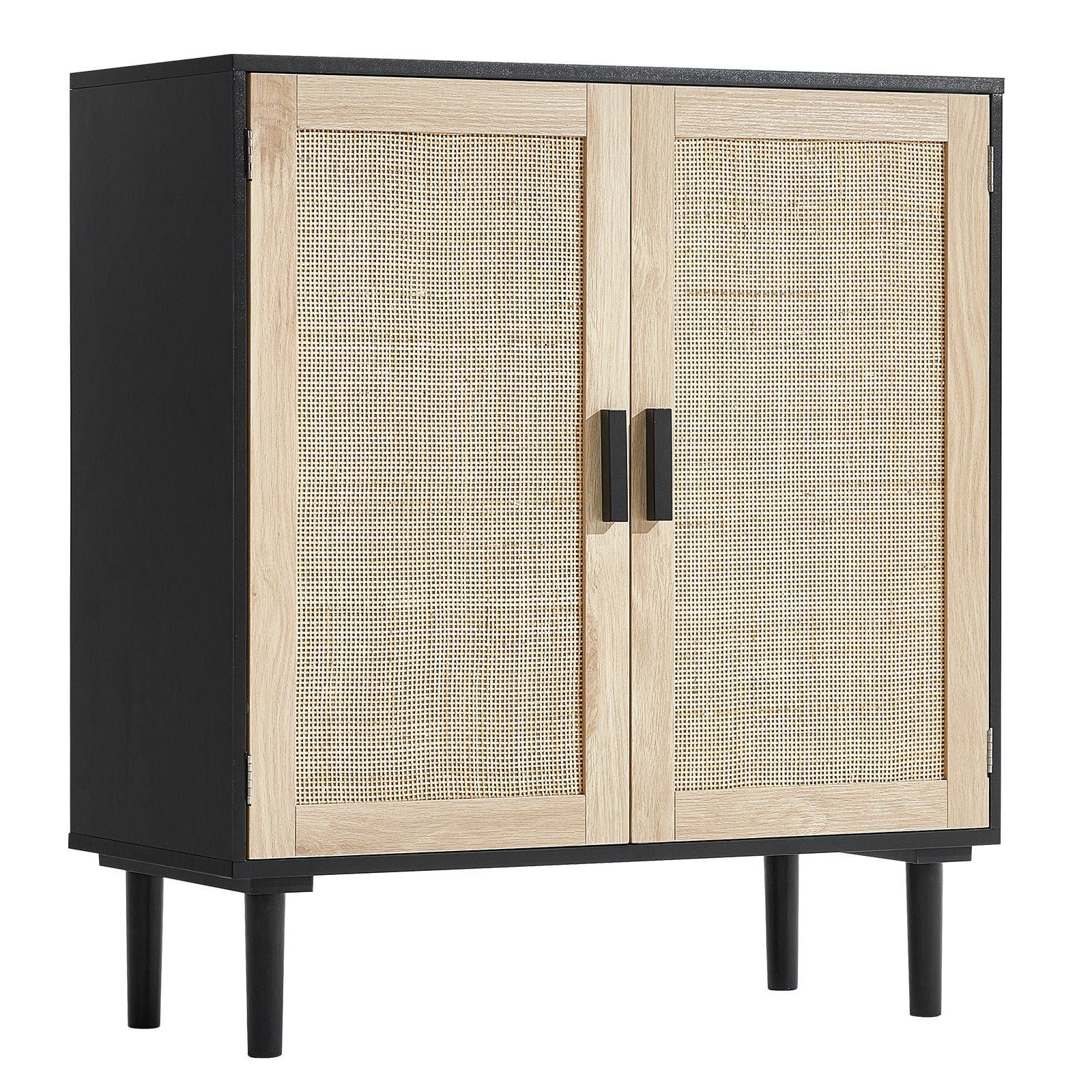 Rattan Cabinet Storage with 2 Magnetic Doors and Adjustable Shelves Black