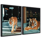 Sylvie Tiger in the City at Night Framed Canvas Art Set by Michael Schauer