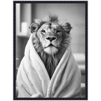 Sylvie Lion Bathroom Art Towel Robe Black and White Framed Canvas by The Creative Bunch Studio