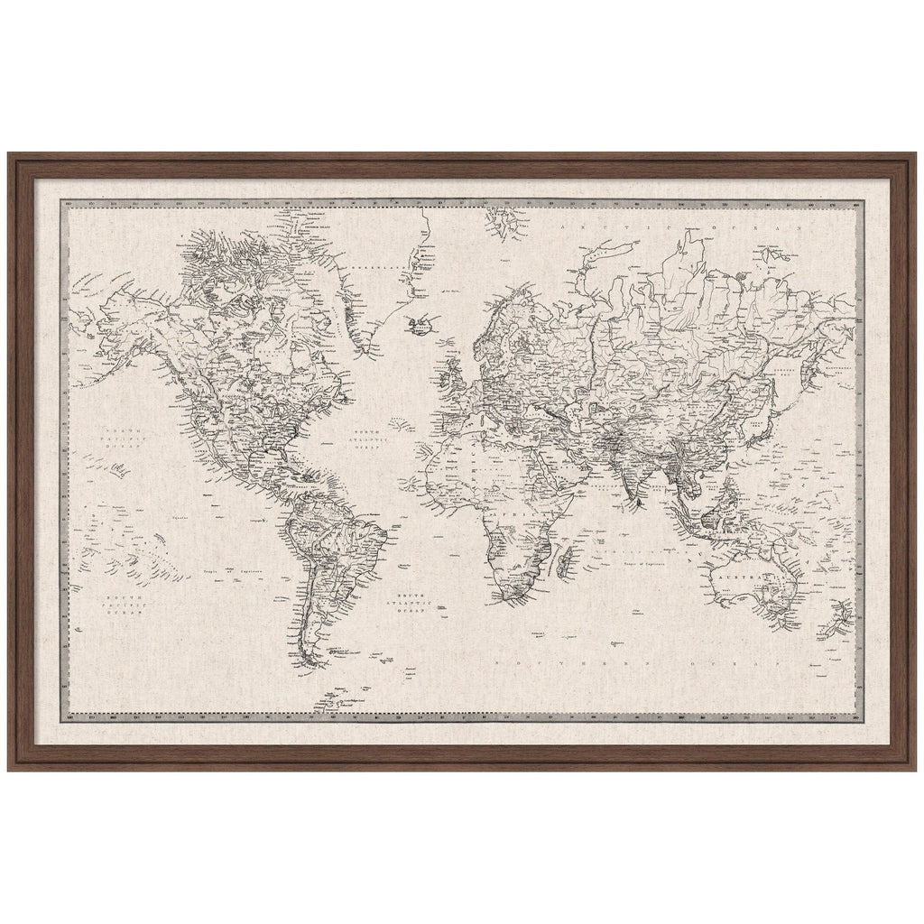 Framed Fabric Pinboard Vintage Black and White Linen World Map Wall Organization