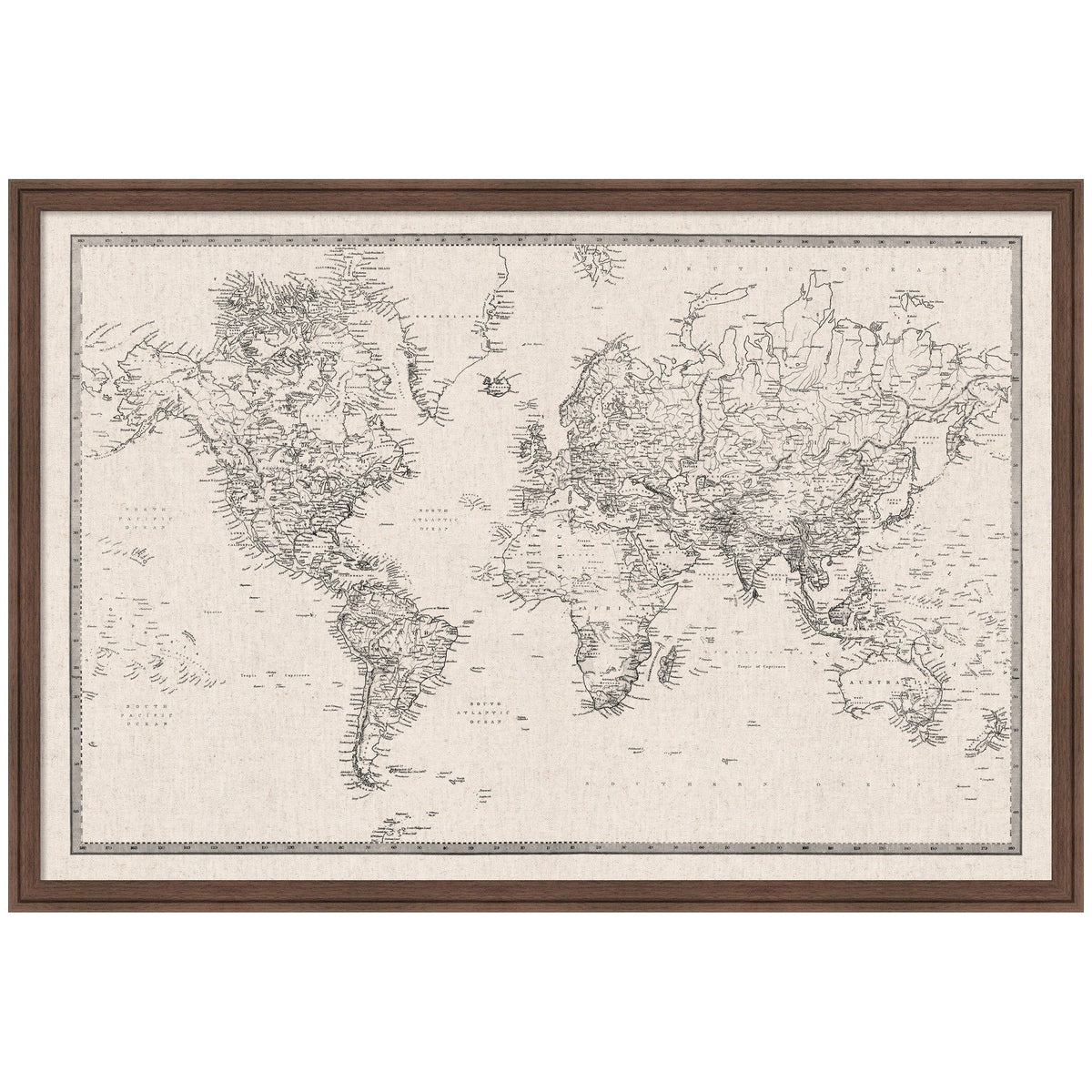 Framed Fabric Pinboard Vintage Black and White Linen World Map Wall Organization