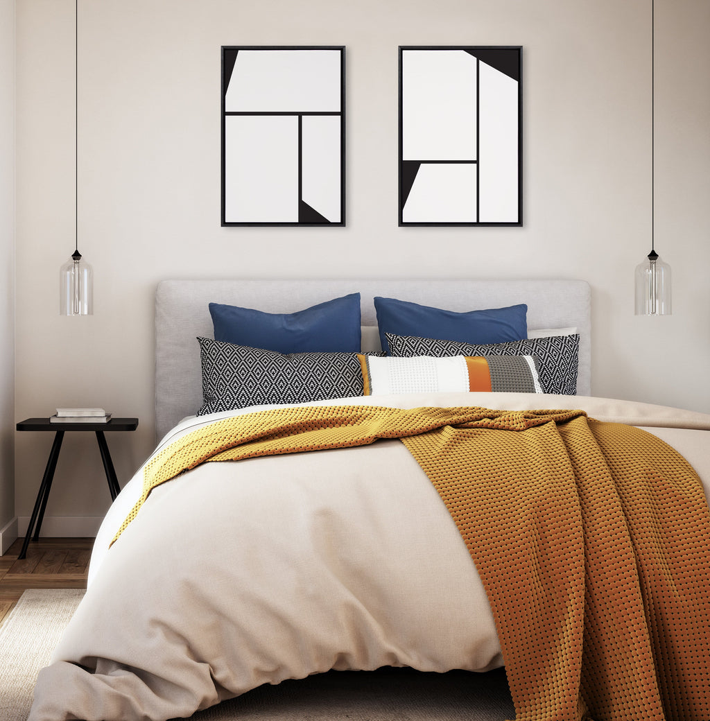 Sylvie Sleek Luxe Minimalist Black and White Abstract Framed Canvas Art Set by The Creative Bunch Studio