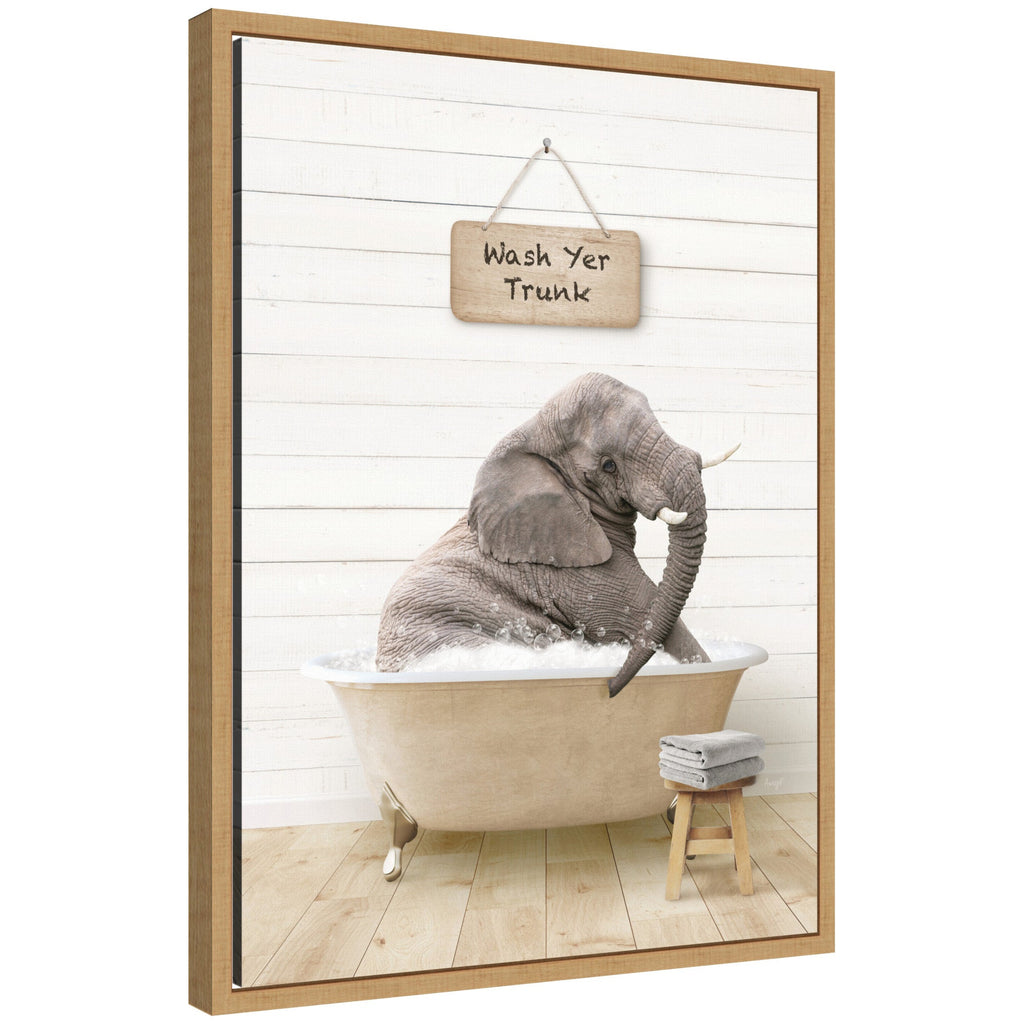 Sylvie Young Elephant in Modern Bathtub  Wash Your Trunk Framed Canvas by Amy Peterson