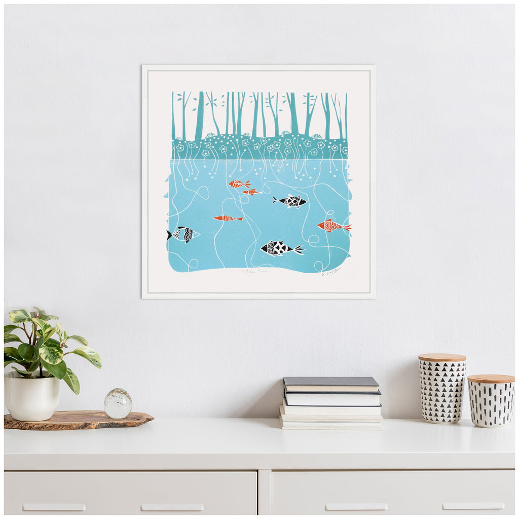 Sylvie Coastal Blue River Linocut Framed Canvas by Giuliana Lazzerini