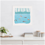 Sylvie Coastal Blue River Linocut Framed Canvas by Giuliana Lazzerini
