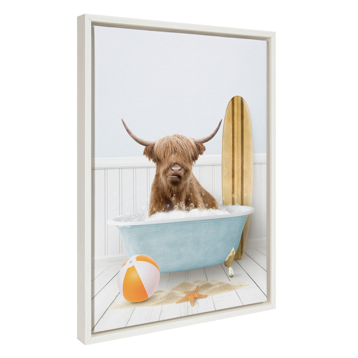 Sylvie Highland Cow Beach House Bath with Surfboard Framed Canvas by Amy Peterson