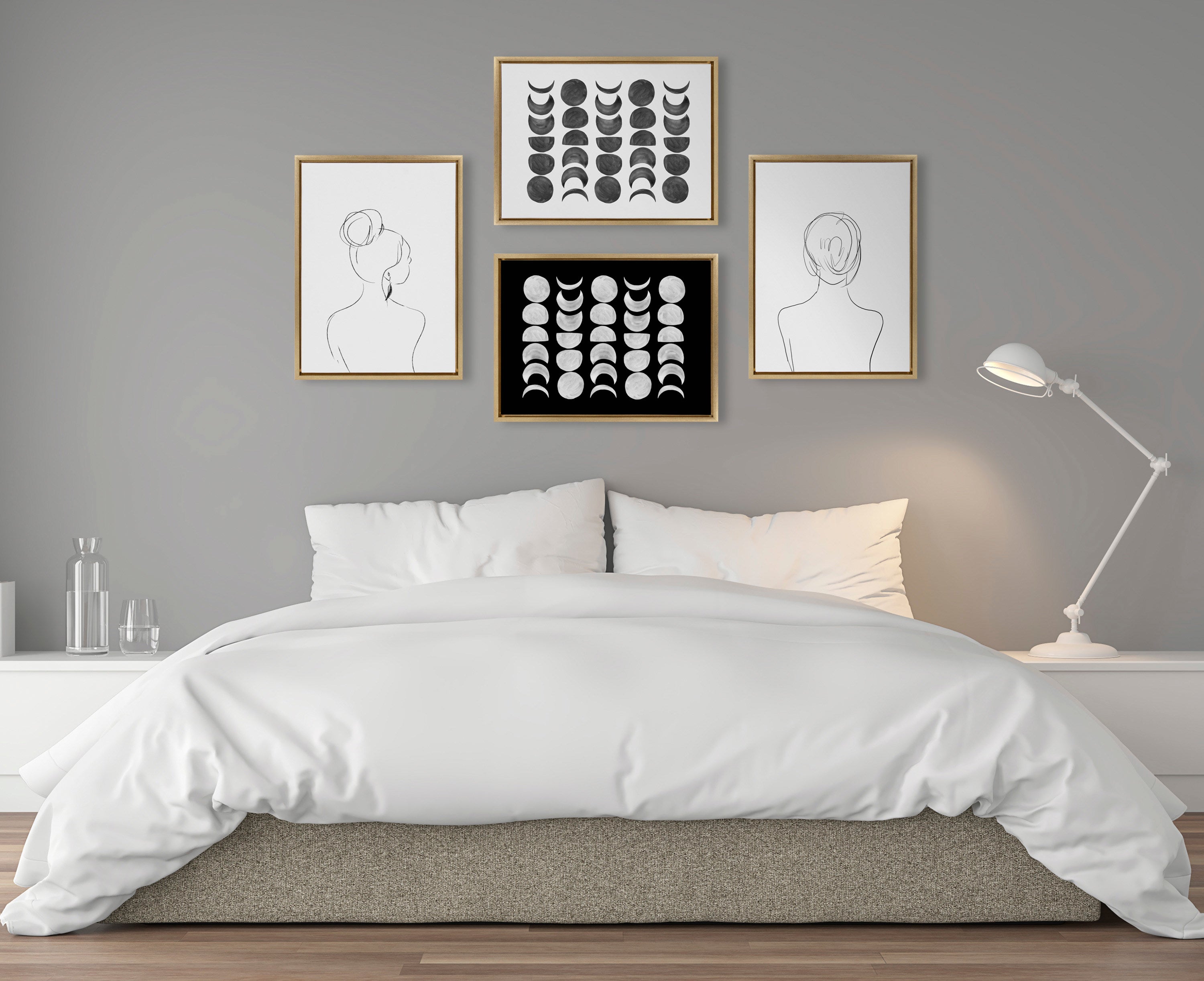 Sylvie 901 Moon Phases Black on White Framed Canvas by Teju Reval of SnazzyHues