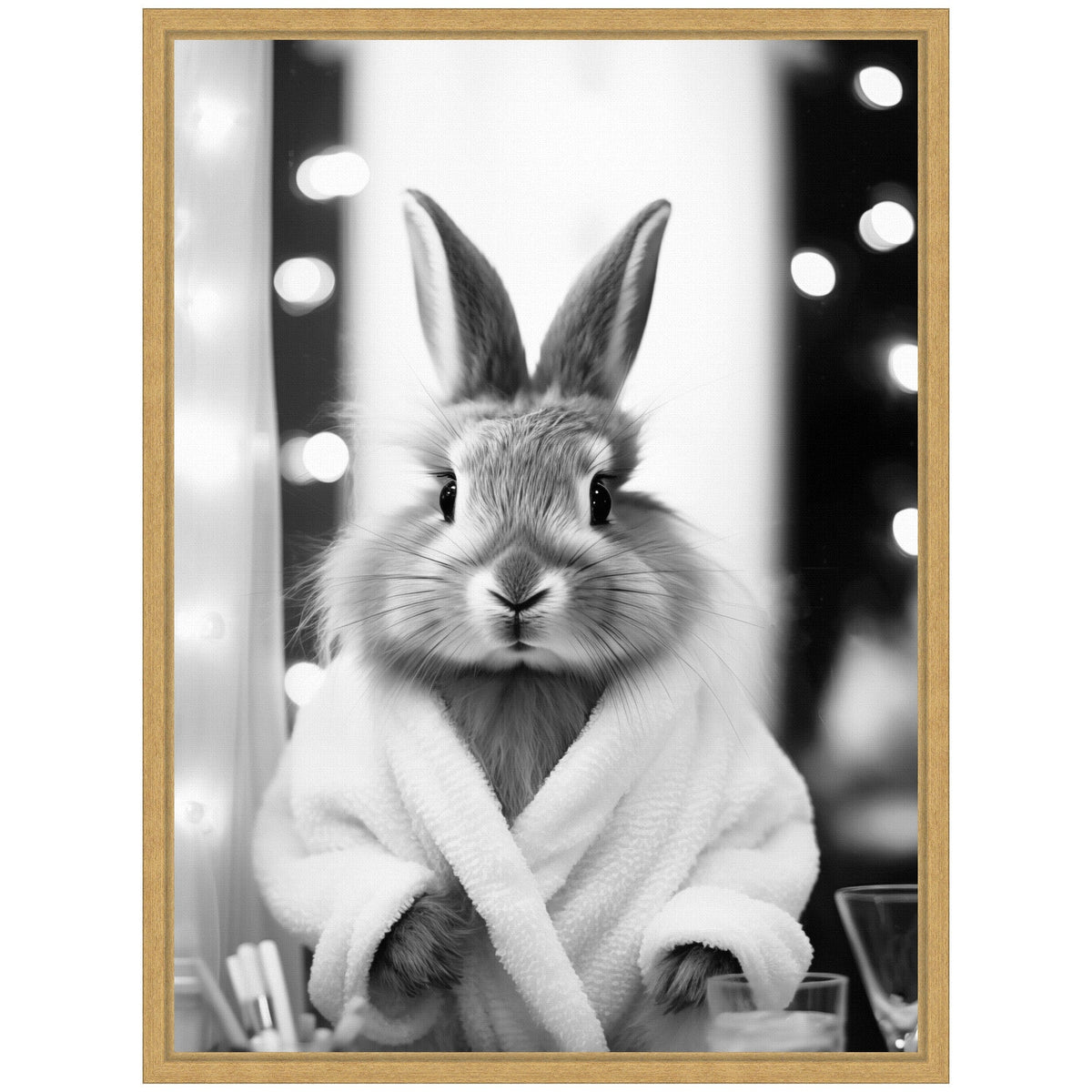 Sylvie Bunny Glam Bathroom Art Towel Robe Black and White Framed Canvas by The Creative Bunch Studio