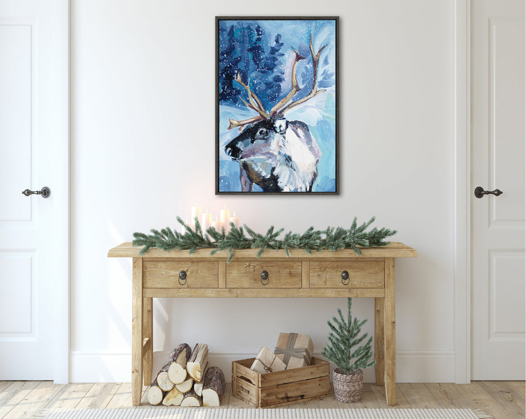 Sylvie Reindeer In Snow Framed Canvas by Rachel Christopoulos