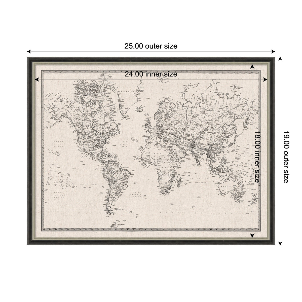 Framed Fabric Pinboard Vintage Black and White Linen World Map Wall Organization