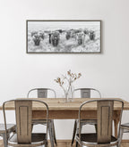 Sylvie Herd of Highland Cows Black and White Framed Canvas by The Creative Bunch Studio