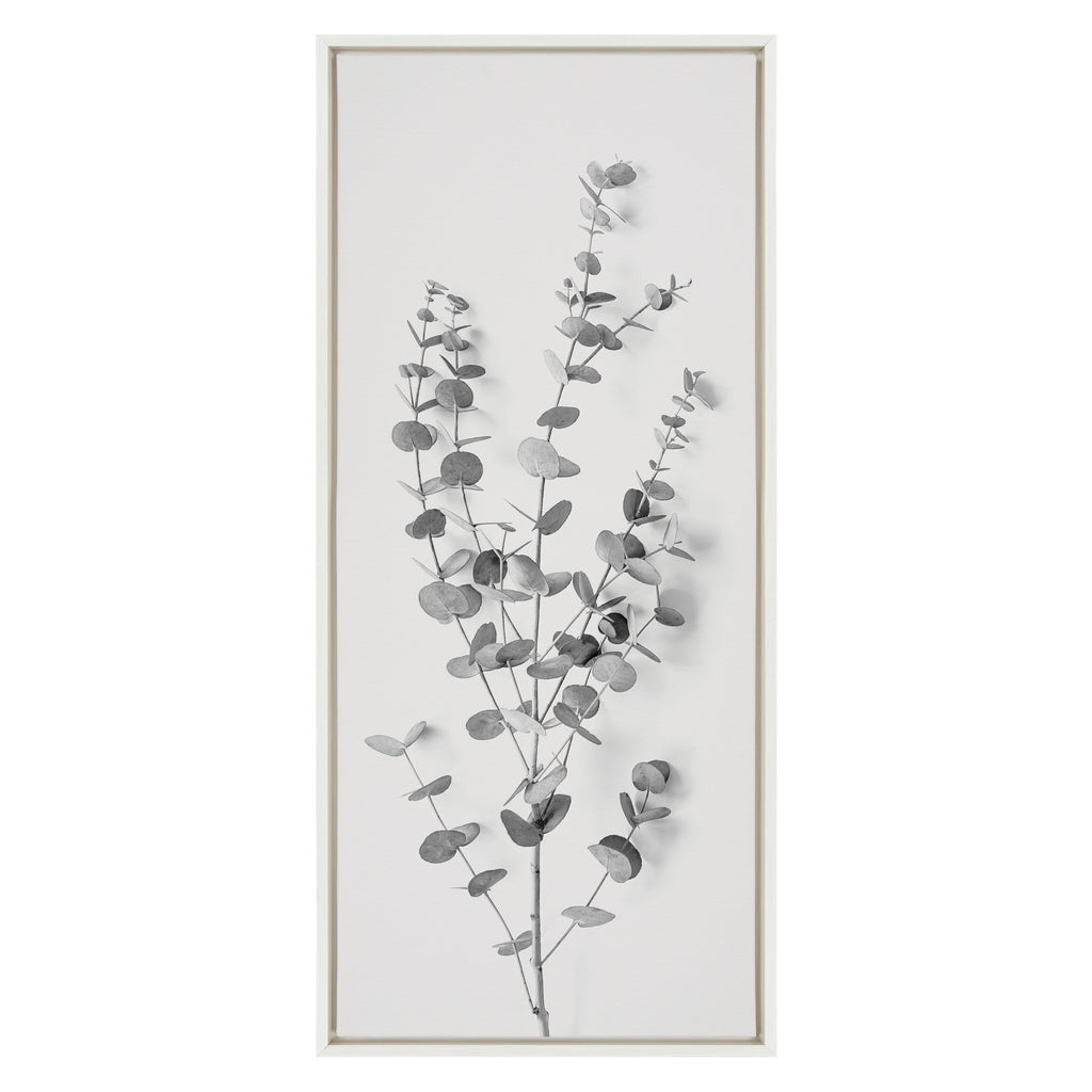 Sylvie Eucalyptus Botanical I Gray and Soft White Framed Canvas by The Creative Bunch Studio