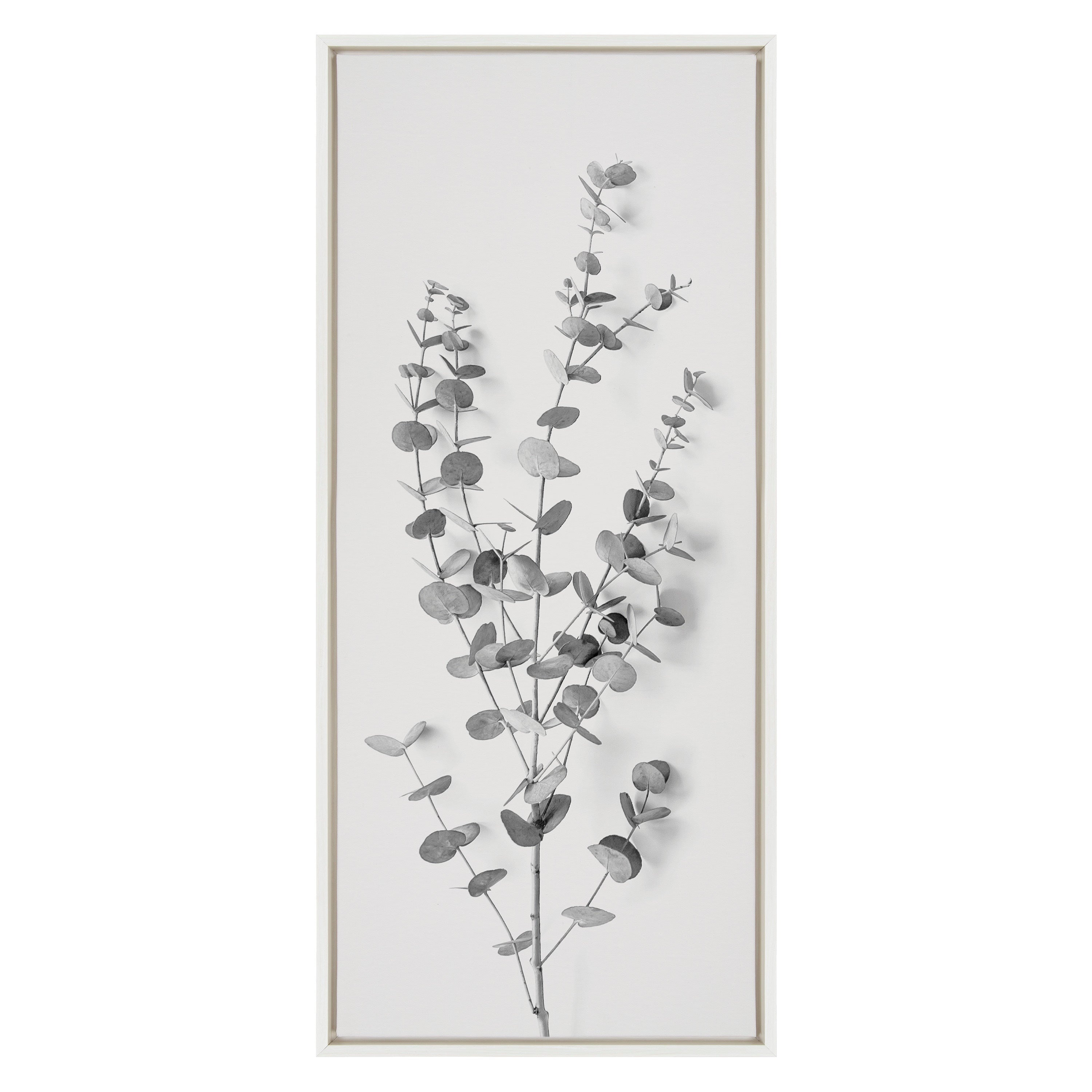 Sylvie Eucalyptus Botanical I Gray and Soft White Framed Canvas by The Creative Bunch Studio