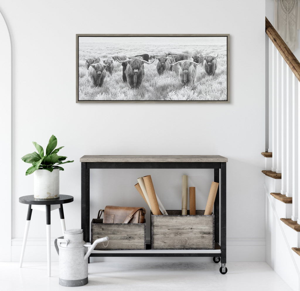Sylvie Herd of Highland Cows Black and White Framed Canvas by The Creative Bunch Studio
