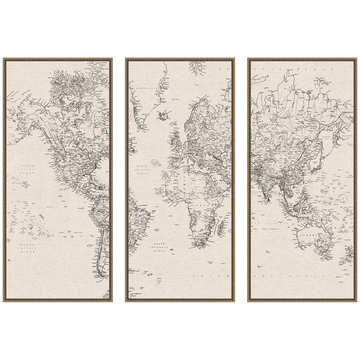 Vintage Black and White World Map Linen 3 Piece Framed Canvas Wall Art Set by The Creative Bunch Studio