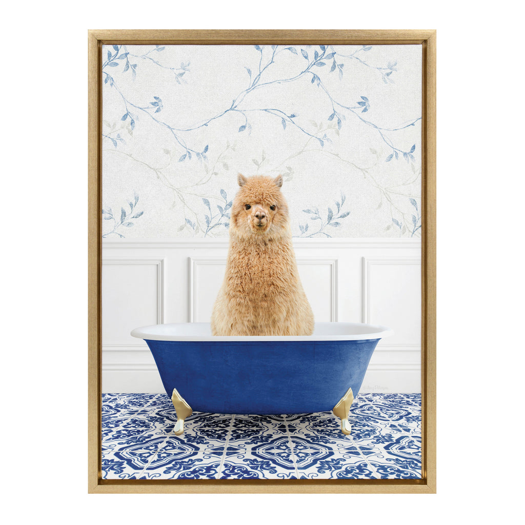 Sylvie Alpaca In Eclectic Blue Bath Framed Canvas by Amy Peterson Art Studio