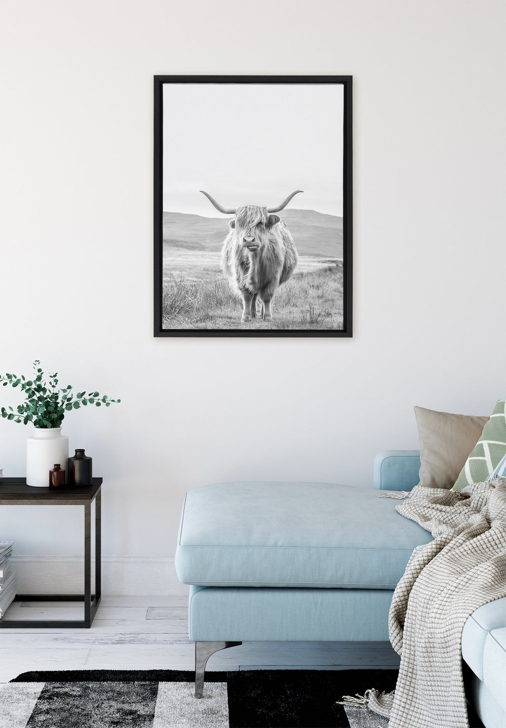 Sylvie Highland Cow Mountain Landscape Black and White Framed Canvas by The Creative Bunch Studio